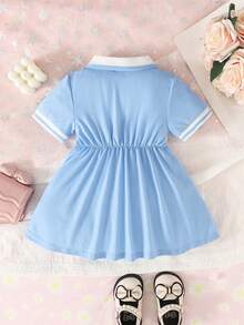 Souflis Souflis 1 chiếc đầm thường ngày màu hồng cho bé gái, cổ và tay áo bo gân, thích hợp để mặc ở nhà, đi chơi, chơi thể thao và dự tiệc. - Màu xanh lam - Xem 2