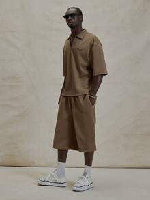 Musero Oversized Short Sleeve Extreme Drop Shoulder Collared V Neck Shirt Top Co Ord Set Basic Style Short Winter Essentials - Brown - View 4