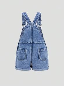 SHEIN Playful Pals 女童牛仔背带裤，春夏新款，浅色水洗牛仔布，休闲可爱风格，心形刺绣裤脚，修身剪裁，舒适棉质牛仔面料，适合日常穿着、上学、通勤。 - 淺色水洗藍 - 查看 3
