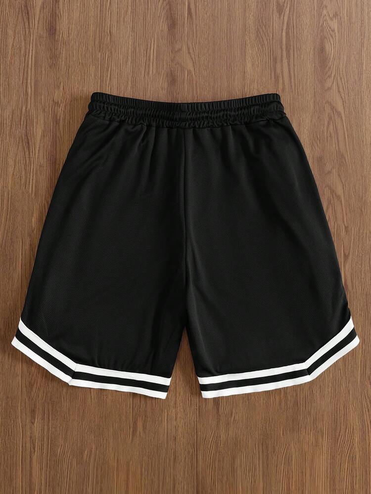 TOKVUE 男士数字印花抽绳腰部宽松休闲篮球短裤 - 黑色 - 查看 2