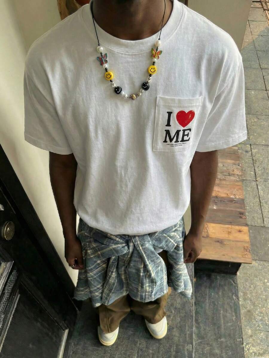 SWAVVY Áo thun nam tay ngắn dáng rộng, có túi, in hình, size tiêu chuẩn, màu trắng. - trắng - Xem 1