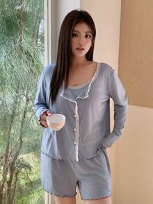 Dazy Plus 三件套：花卉撞色蕾丝开衫、长袖上衣和修身短款睡衣套装，优雅春夏睡衣 - 藍色 - 查看 4