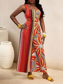BamGleam Women's Red Orange Plant Print Wide Leg Casual Jumpsuit,Boho Summer Vacation Outfits,Holiday Spring Break Clothing,Beach Outfits For Women - Multicolor - View 6