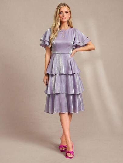 Amorya Women's Round Neck Sleeveless Waist Cinching Shiny Purple Layered Cake Skirt Dress, Elegant Solid Color Suitable For Daily Wear, Gatherings, Dates, Spring/Summer Wedding Guest Dress For Women Weddings & Events Bridesmaid Dress Solid Purple, Shimmering Fabric, Multi-Layered Cake Skirt, Short-Sleeved Dress, Knee-Length Midi Dress, Elegant Women's Dress For Spring And Summer, Spring And Summer Clothing.