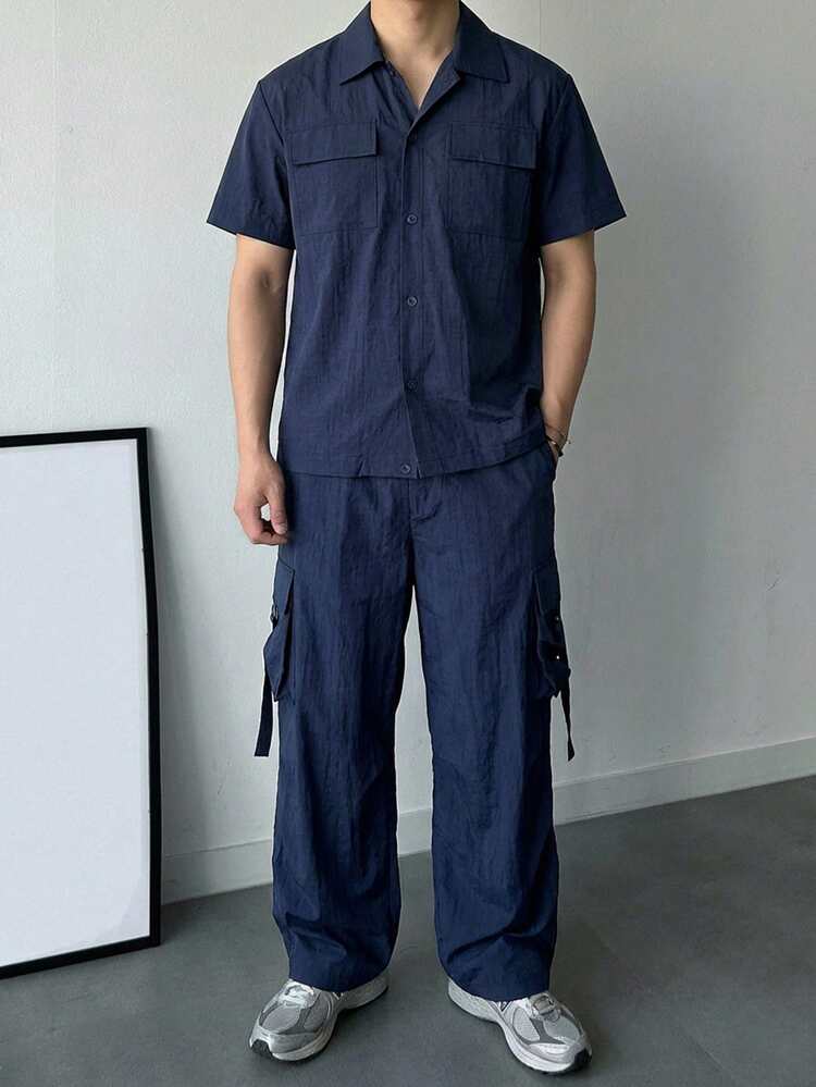 Men's Solid Blue Short Sleeve Top And Pants Set, Spring/Summer