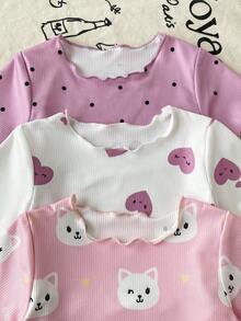 6pcs Baby Girls Cute Kitty, Heart & Polka Dot Print Ruffled Short Sleeve Top And Pants Pajama Set - Multicolor - View 7