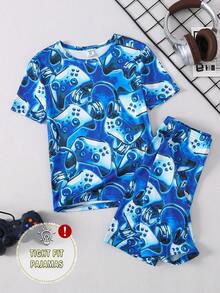 2pcs/Set Teenage Boys' Video Game Headphone Print Casual Round Neck Short Sleeve T-Shirt And Shorts Pajama Set - Multicolor - View 4