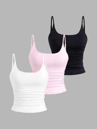 Sweetra 3pcs/Set Sexy Short Casual Commuter Versatile Daily Spaghetti Strap Square Neck Camisole In Apricot, Coffee Brown And Black For Women