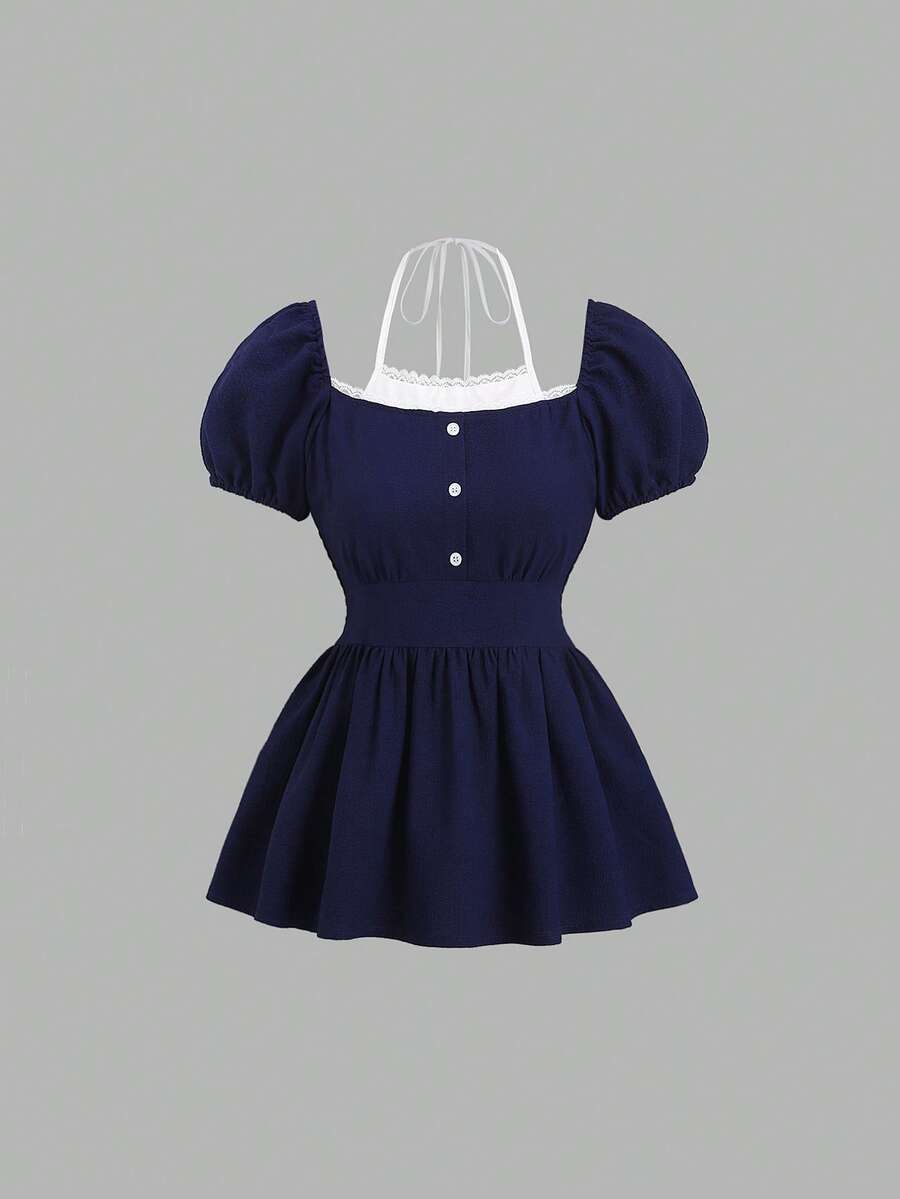 Sweetra Elegant Ruffled Collar Lace-Up Puff Sleeve Blouse, Versatile Design For Early Spring, Feminine Style - Navy Blue - View 1