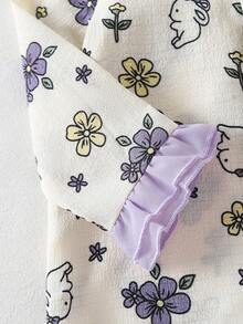 2pcs/Set Baby Girls' Long Sleeve Top And Pants, Purple Ruffle Hem Rabbit & Flower Pattern, Soft Woven Fabric Loungewear, Best Gift For Baby Girls - Multicolor - View 6