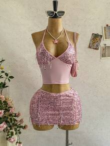 Soleia 女士度假休闲套装，春夏款 - 粉色流苏亮片吊带上衣搭配同款低腰亮片迷你裙两件套，适合海滩、邮轮、度假村等场合。 - 粉色 - 查看 8