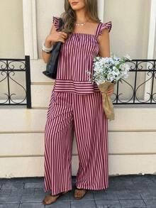Lounesse Plus Size Women Square Neck Striped 2 Pieces Set, Versatile For Daily Commute And Casual Wear, Summer Outfits - Rose Red - View 7