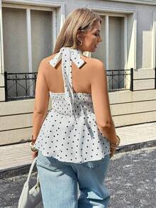 大码女式V领波点设计时尚系带喇叭下摆无袖衬衫，白色底黑色波点 - 黑與白 - 查看 2