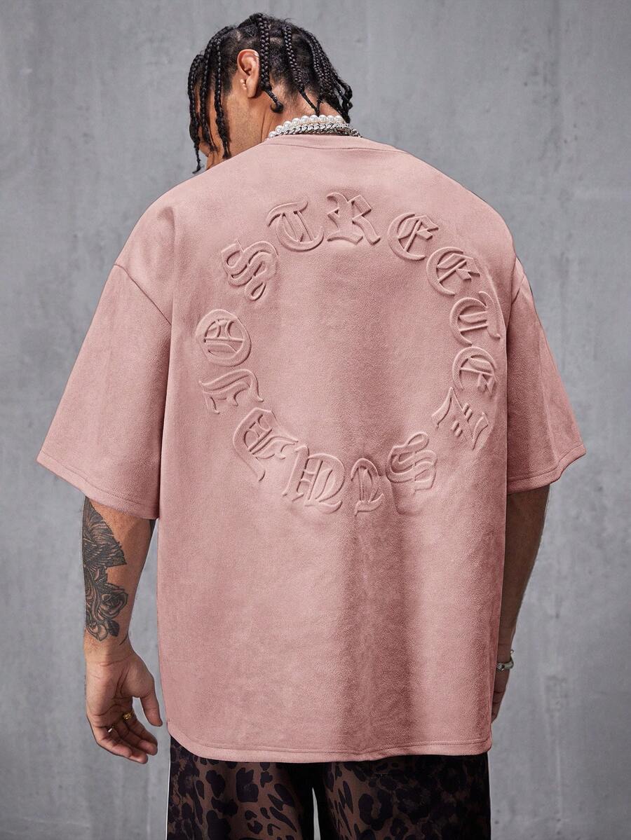 AXEPEAK 男士街头风透气绒面植绒宽松落肩圆领短袖T恤 - 粉色 - 查看 1