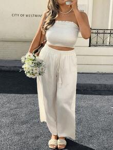 Lounesse 大码纯色抹胸上衣和裤子两件套休闲度假套装 - 杏色 - 查看 7