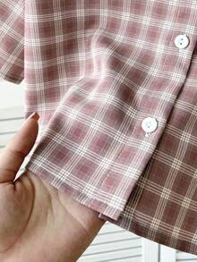 SHEIN 少女休闲日常复古格子短袖衬衫 - 粉色 - 查看 3