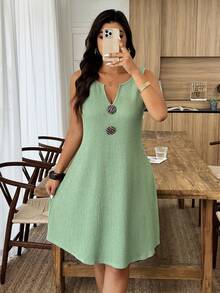 Weeklong Đầm mini dáng chữ A không tay cổ chữ V rộng rãi, chất liệu dệt kim, cỡ lớn dành cho nữ, thích hợp cho mùa xuân/hè. - màu xanh lá - Xem 4
