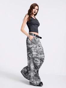 Breakform 女士复古水洗迷彩阔腿工装牛仔裤 - 彩色 - 查看 1