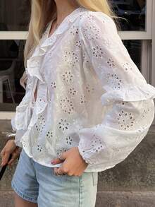 Livesso Ruffled White Hollow-Out Casual Loose Blouse For Women, Spring/Vacation - White - View 4