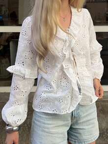Livesso Ruffled White Hollow-Out Casual Loose Blouse For Women, Spring/Vacation - White - View 5