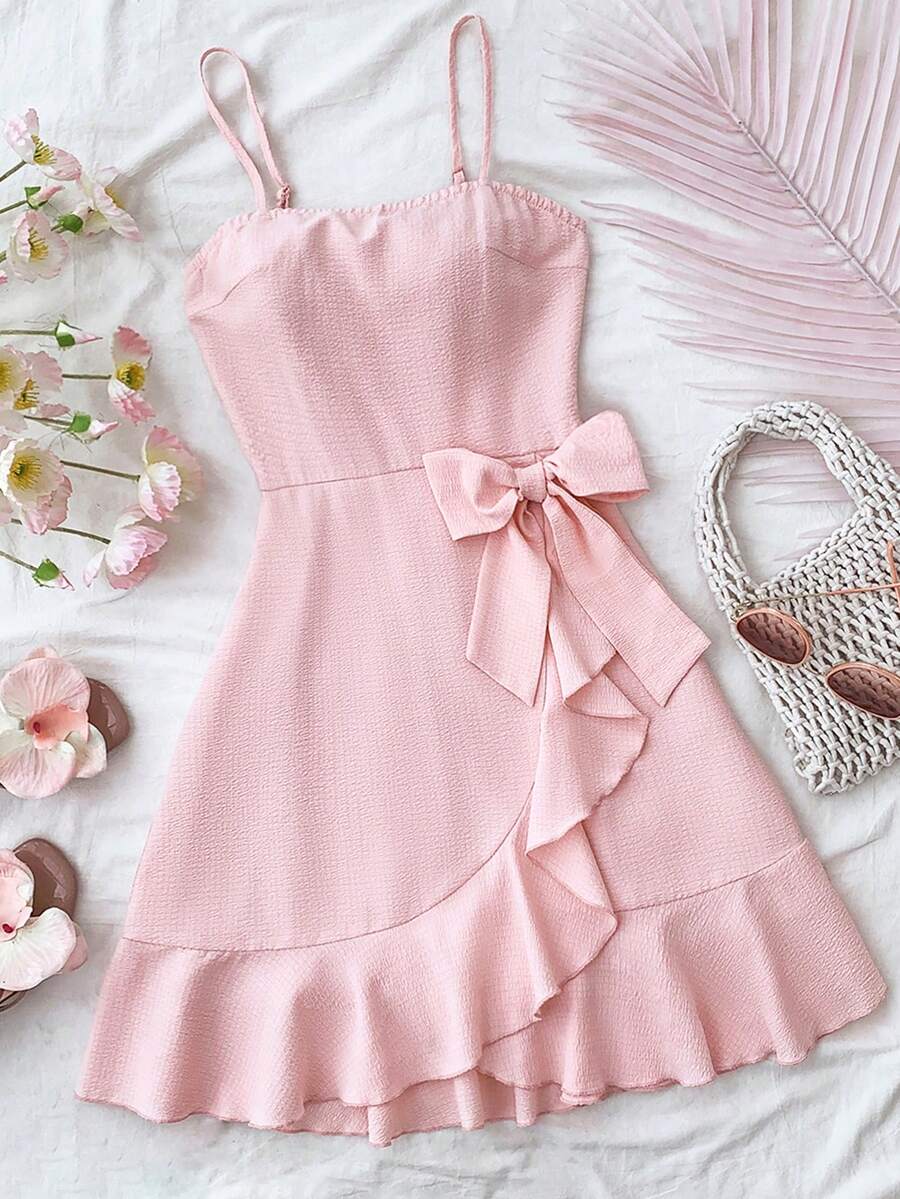 SHEIN 少女连衣裙，纯色梭织泡泡褶双层裙摆，休闲吊带法式仙女裙，优雅蛋糕裙，适合日常休闲穿着、上学、度假、派对、生日、情人节、婚礼季、公主裙、儿童情人节 - 粉色 - 查看 1