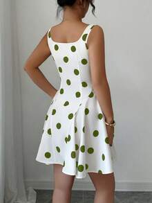 Elenzga 方领黑色波点优雅短裙 - 綠色 - 查看 2