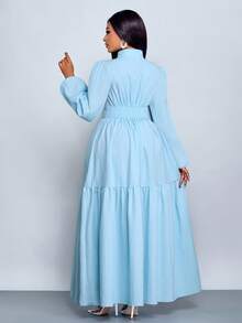 SOLERSUN 大码女装纯色宽松休闲立领前开衩水滴扣高端设计长袖腰带修身A字长裙，优雅舒适休闲时尚通勤气质连衣裙，新款，日常穿着，新年、秋季、冬季、约会、圣诞节，女装 - 淺藍色 - 查看 2