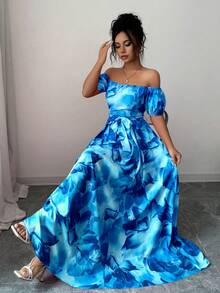 Elenzga New Summer Collection Elegant Fashion Off-The-Shoulder Blue Floral Print Dress With Slim-Fit Waistline And Puff Sleeves. Ocean Dress Off Shoulder Dress, Blue Long Dress, Blue Dress - Aqua Blue - View 4