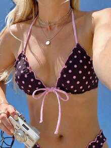 Swim Mod Women's Summer Polka Dot Print Sexy Camisole Tie Bow Bikini Top, Beach Holiday Wear - Multicolor - View 1