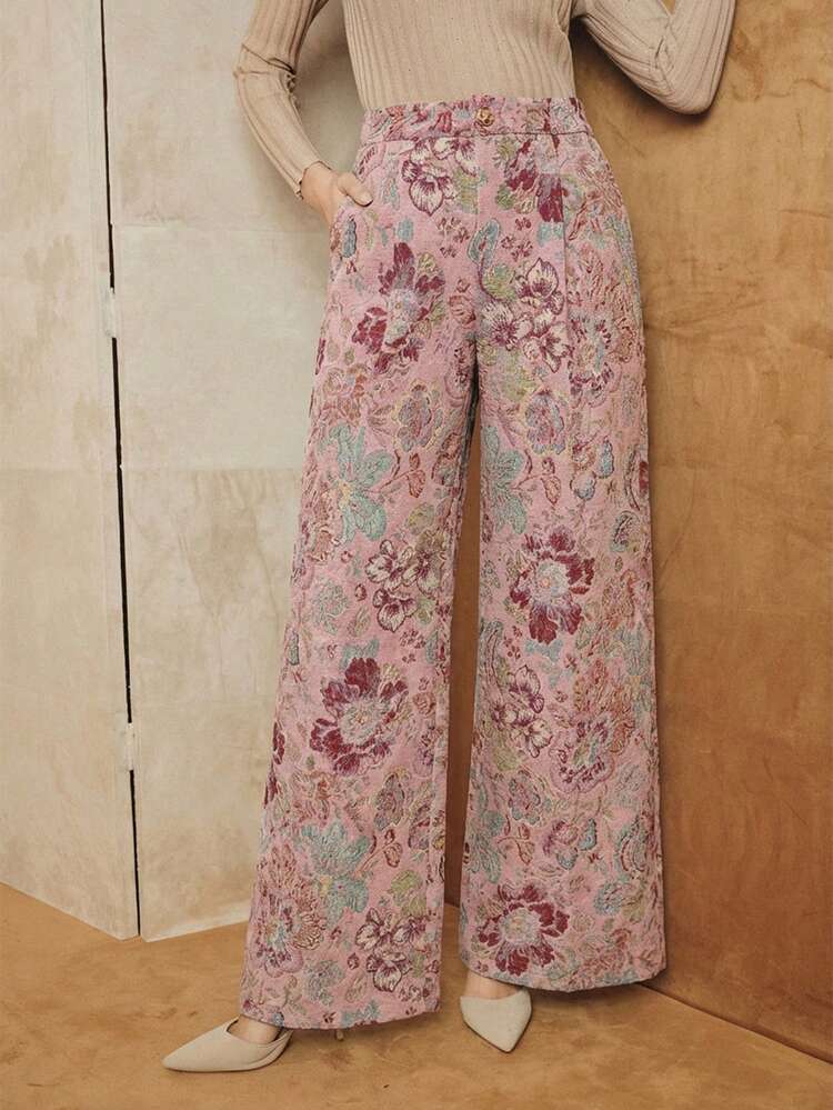 Vintage French Ditsy Floral High Waist Wide Leg Loose Drape Slimming Women's Pants, Autumn/Winter