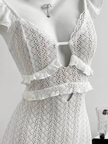 Elamini 女士深V领纹理面料荷叶边下摆修身连衣裙 - 白色 - 查看 3