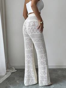 SHEIN Elenzya Women's Elegant Hollow Out Flared Knit Pants - Beige - View 2