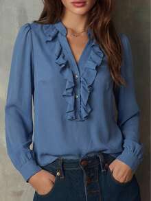 SHEIN LUNE Nueva blusa holgada de moda para mujer con cuello en V de volantes de gasa - Púrpura polvoriento - Ver 1