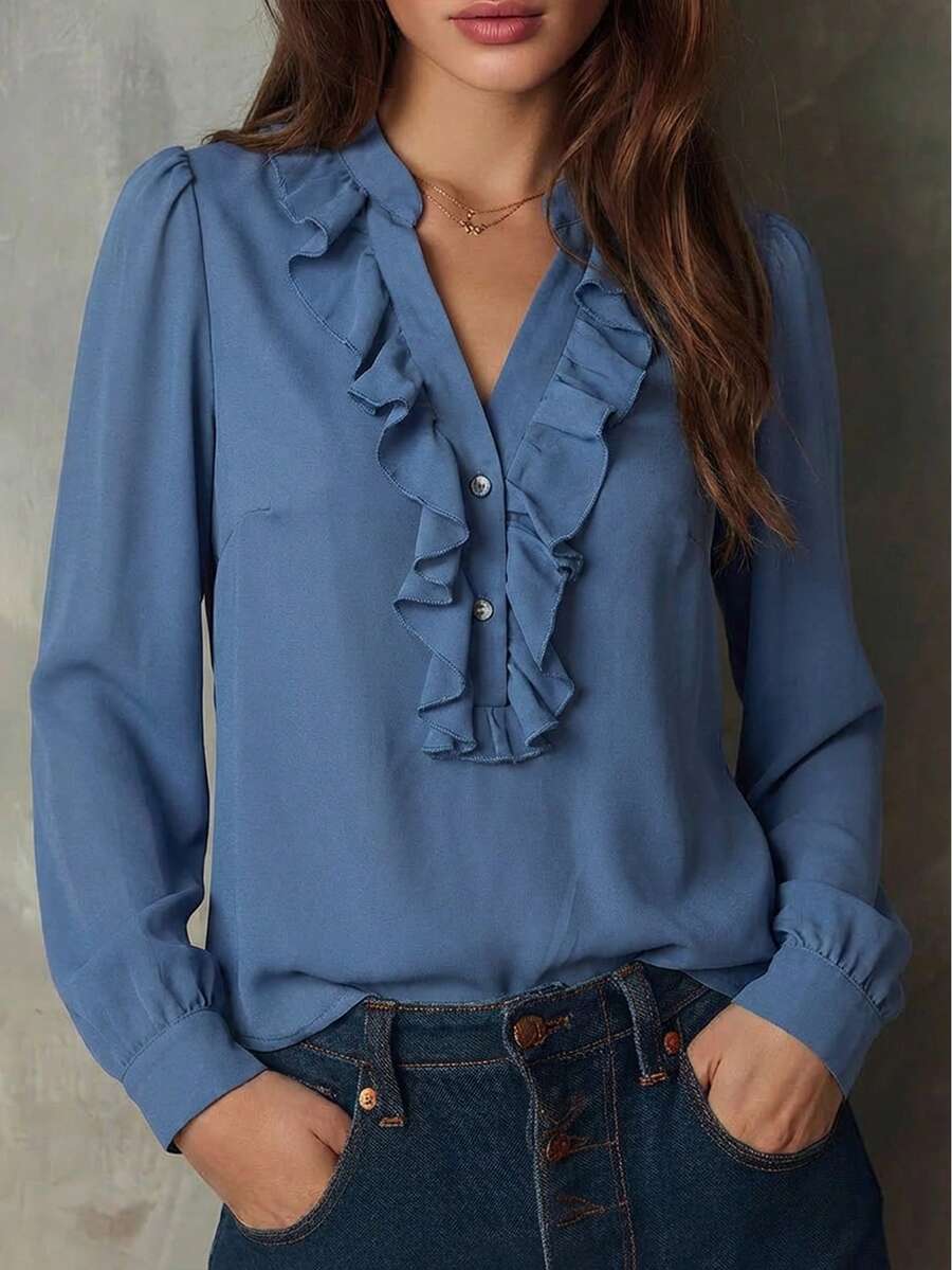 SHEIN LUNE Nueva blusa holgada de moda para mujer con cuello en V de volantes de gasa - Púrpura polvoriento - Ver 1