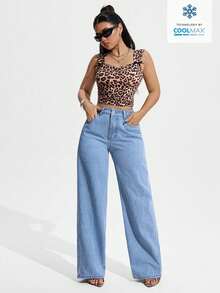 SHEIN PETITE 女士高腰口袋阔腿宽松休闲百搭牛仔裤 - 淺色水洗藍 - 查看 3