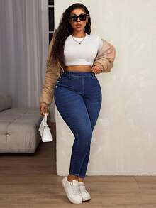 SHEIN SXY Quần jean skinny cỡ lớn dành cho nữ, có chun co giãn và cúc cài bên hông. - Màu xanh lam - Xem 8