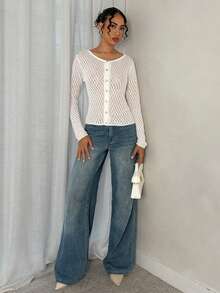 Glamine Cárdigan de punto con diseño calado de unicolor casual, primavera/verano - Blanco - Ver 3