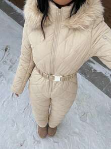 Muchica 白色毛绒帽和加厚连体衣，适合秋冬季雪地玩耍。 - 杏色 - 查看 5