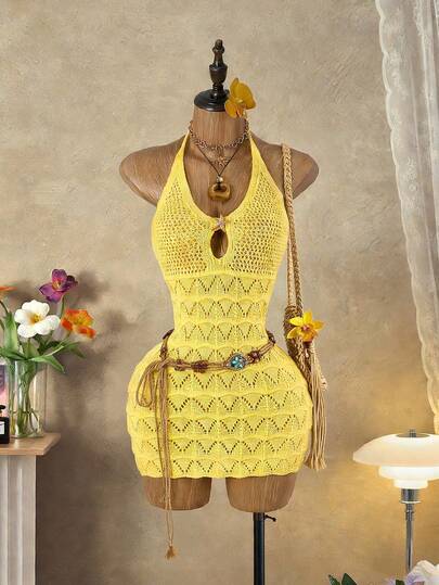 Mistrie Women's Spring And Summer Yellow Dress With Suspender, Neck Hanging, Hollow Out, Tight Fitting Metal Pentagram Starfish, Gorgeous, Sexy, Fashionable, Retro, Simple Sweater Dress Summer Dress Summer Dresses For Women Summer Dresses Clothes Summer Outfits For Women , Summer Holiday Outfits Summer Outfit For Women Spring Outfit Women Spring Dress Spring Clothing Spring Break Outfits Spring Dress Women Spring Clothes Spring Outfit Spring Top Beach Dress Each Outfits For Women Vacation Dresses Summer Vacation Outfits