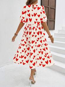 Breezaya 夏季宽松爱心印花荷叶边下摆泡泡袖娃娃裙女装 - 彩色 - 查看 2