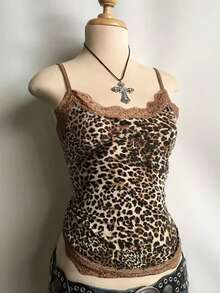 Lalippa 女士豹纹撞色蕾丝吊带背心 - 彩色 - 查看 1