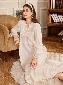 PalaceNights Embroidered Ruffle V-Neck Long Sleeve Loose Women Nightgown - Beige - View 1