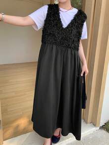 Dazy Plus Plus Size Summer Casual Patchwork Textured Fabric Sleeveless Dress Sundress - Black - View 5