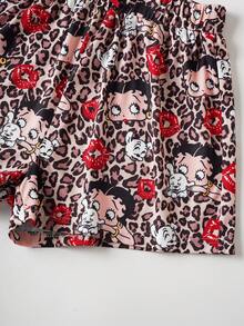 Betty Boop x SHEIN 女士舒适卡通肖像图案圆领短袖T恤和豹纹短裤睡衣套装，夏季 - 紅色 - 查看 8