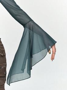 ROMWE Fairycore 仙女、圣母玛利亚、莲花和十字架印花修身喇叭袖薄纱女式上衣 - 彩色 - 查看 8