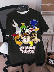 LOONEY TUNES X SHEIN Men's Letter & Cartoon Graphic Round Neck Short Sleeve T-Shirt - White - View 1