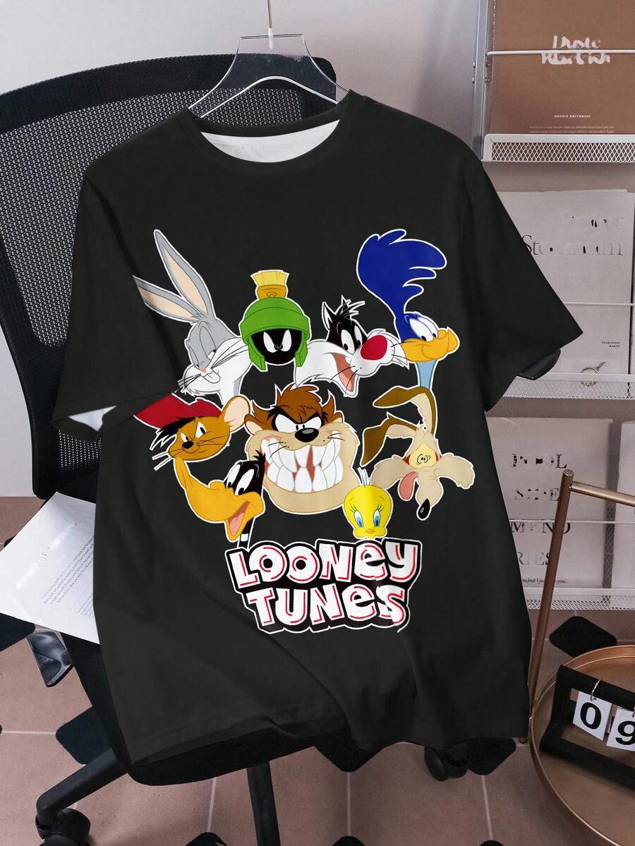 LOONEY TUNES X SHEIN Men's Letter & Cartoon Graphic Round Neck Short Sleeve T-Shirt - White - View 1