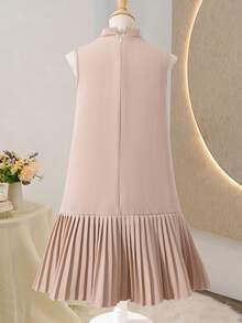 SHEIN Tween Girl Floral Decor Patchwork Pleated Hem Fashionable Cute Mandarin Collar Sleeveless Dress Girls Pleated Dress 3d Flowers Dress Girls Nude Dress - Khaki - View 2