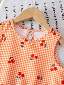 Sparklyn Conjunto informal de camiseta de tirantes con volantes y shorts con estampado de cerezas a cuadros para niña - Naranja - Ver 3