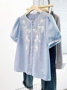 GlowEve CURVE Plus Size Women's Bestselling French Style Round Neck Puff Sleeve Embroidered Short Sleeve Blouse, Delicate Embroidery And Ruffle Design Cardigan, Slimming Fit Top, Suitable For Daily Commute And Outings - Blue and White - View 3